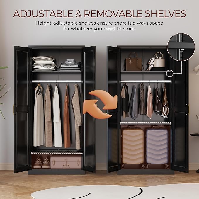 71" Metal Armoire Wardrobe Closet with 2 Doors, Tall Wardrobe Cabinet with Hanging Rod and Adjustable Shelves, Black Clothing Storage Cabinets for Bedroom, Laundry Room, Home Office-Ruum Studio Home