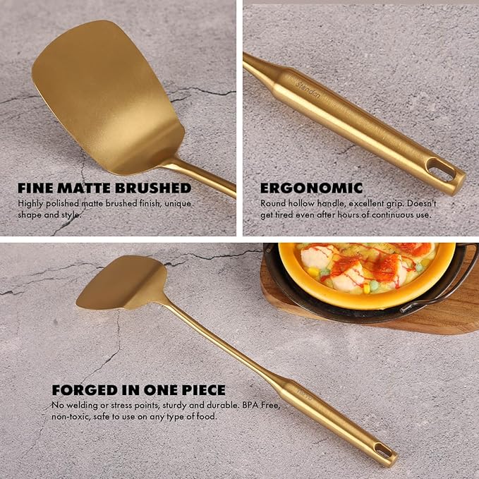 Gold Cooking Utensils Set - 18/10 Stainless Steel Large and Small Spoons Set, 16 PCS All Metal Kitchen Tools, Serving Utensils - Whisk, Masher, Fork, Tongs, Spatula, Ladle, Skimmer, Turner, Pasta-Ruum Studio Home