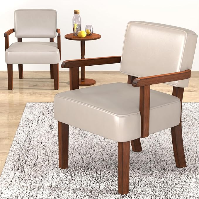 Accent Chair Set of 2 with Table, PU Leather Chair for Living Room Oversized Armchair with Soft Seat and Armrests for Bedroom Dinning Reading Waiting Room (Leather Beige)-Ruum Studio Home