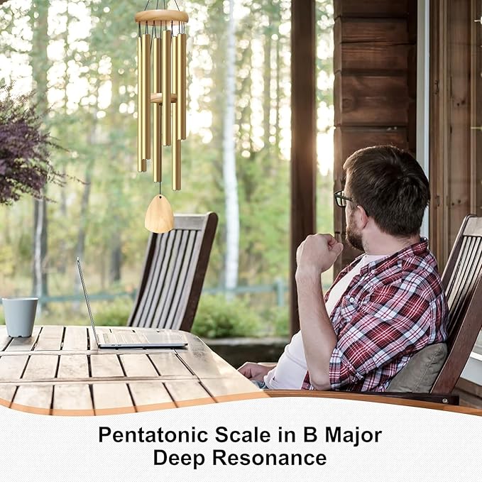 Large Aluminium Wind Chimes 37 Inches to Create a Zen Atmosphere Suitable for Outdoor, Garden, Patio Decoration. Classic Wind Chimes with Wind Catcher as a Gift for Unisex(Light Golden)-Ruum Studio Home