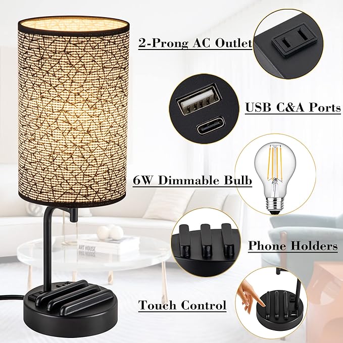 Dreamholder Touch Control USB Table Lamp, Upgraded 3-Way Dimmable Nightstand Desk Lamp with USB C & A Charging Ports and AC Outlet, Bedside Lamp for Bedroom Dimmable 9W LED Bulb Included-Ruum Studio Home
