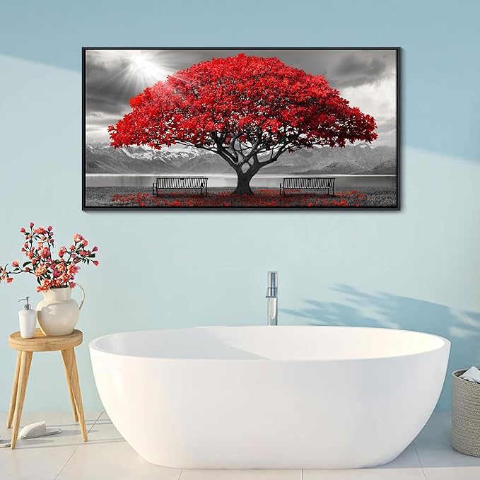 AJAZIKO Red Wall Art - Modern Framed Wall Art for Living Room - Red Tree Black and White Landscape Canvas Prints Posters & Prints for Home Office Bedroom Decorations - Large Wall Pictures 29×58IN-Ruum Studio Home