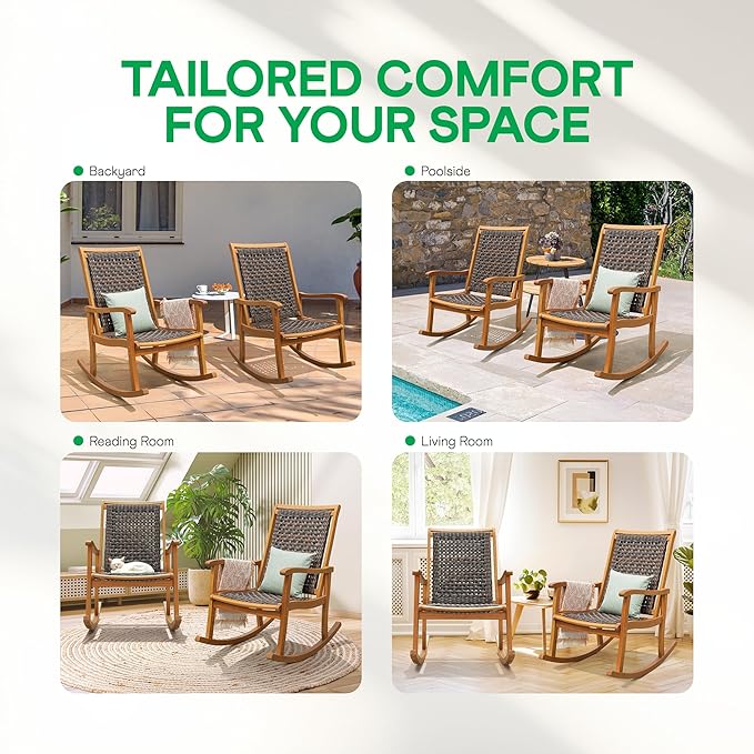 Idzo Wood Wicker Rocking Chair, 400 lbs Capacity, Durable Eucalyptus Wood, Natural Finish, Comfortable Curvy Design, Ideal for Deck, Patio Furniture, Teak Outdoor Furniture, Set of 2-Ruum Studio Home