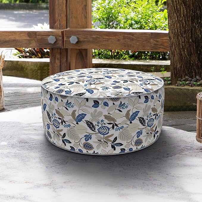 LVTXIII Indoor/Outdoor Inflatable Ottoman, D31 x H14 Inch Large Round Ottoman, All Weather Foot Rest Stool, Portable Footrest for Patio, Garden, Camping and Home - Breeze Leaves Beige-Ruum Studio Home