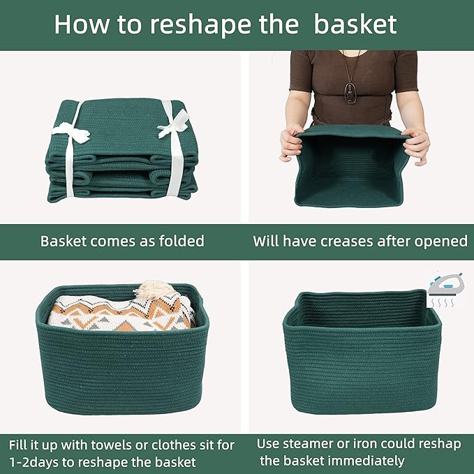 Cotton Rope storage Basket Bins14.5X9.5X9.3“ Basket for Organizing Shelves Rectangle Decorative Baskets For storage Clothes Toys Books Towels Square Wicker Nursery basket organizer 3 pack Dark green-Ruum Studio Home
