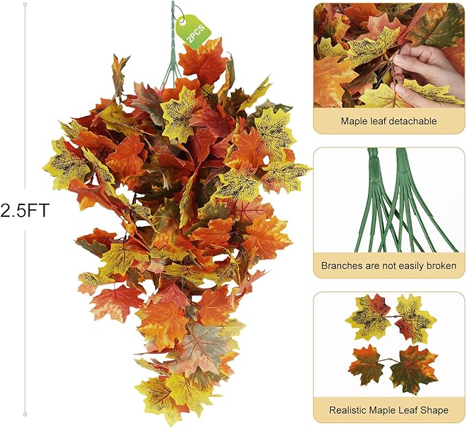 RECUTMS 2pcs Artificial Hanging Maple Leaves Plants Fake Fall Vines Plants Faux Autumn Hanging Fall Artificial Mums for Indoor Outdoor Thanksgiving Party Wedding Home Wall Door Decor(Green Yellow)-Ruum Studio Home
