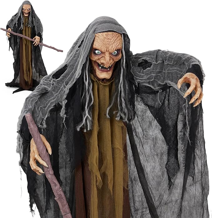 AW Animated Halloween Decorations,Scary Witch with Crutch,5.3FT Life Size Standing Clown,Motion/Sound Activated LED Eyes Creepy Sound,Haunted House Props Party Outdoor Indoor Lawn Yard Patio 2025-Ruum Studio Home