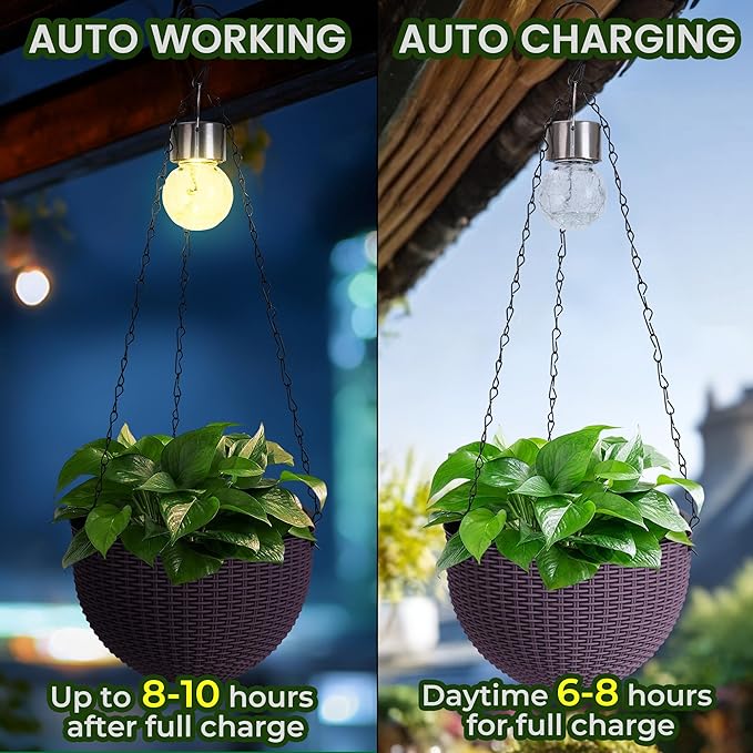 Hanging Planters for Outdoor Plants,2 Pack Coffee Artificial Rattan Solar Hanging Baskets with Drainage Holes & Removable Tray,Hanging Flower Pots Gardening Gifts for Women/Mothers-Ruum Studio Home