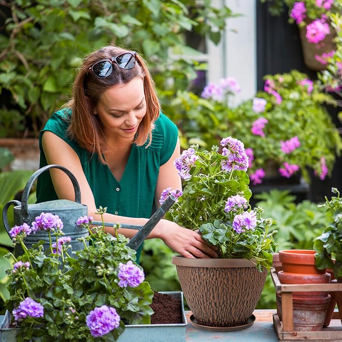 4 Pack 10 Inch Plant Pot, Flower Pots Outdoor with Drainage Hole & Tray, Thickened Plastic Planters for Indoor Outdoor Plants, Lightweight Modern Decorative Garden Pot with Saucer-Ruum Studio Home