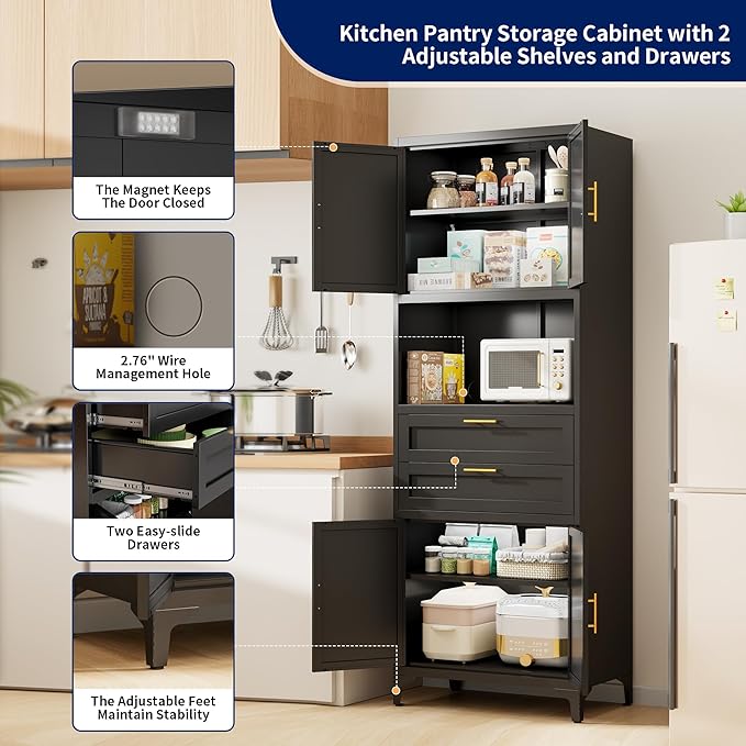 75” Tall Kitchen Pantry Storage Cabinet, Metal Storage Cabinet with 2 Drawers and Adjustable Shelves, Kitchen Pantry Cupboard, Freestanding Cupboard for Bathroom, Living Room(Black)-Ruum Studio Home