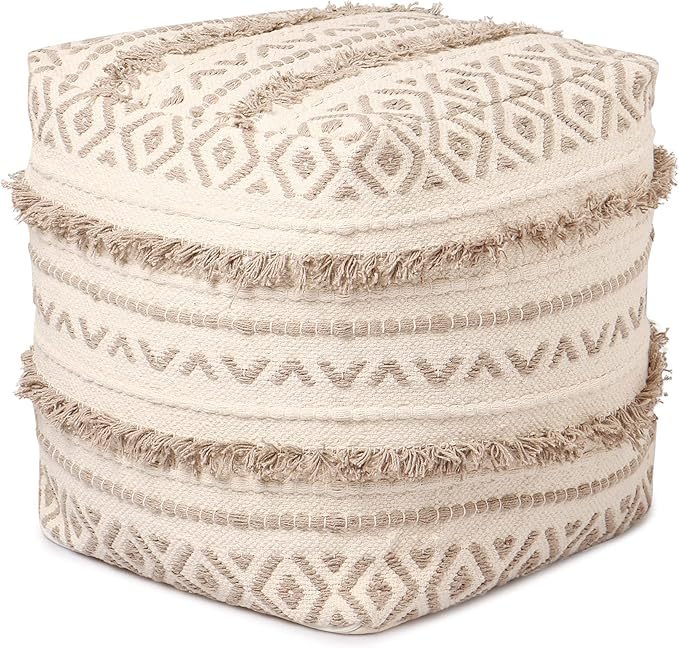 REDEARTH · Tufted Pouf Ottoman with Filler Textured Storage Cube Bean Bag Pouffe Footrest for Living Room, Bedroom, Nursery, Kidsroom; 100% Cotton (17.5"X17.5"X17.5", Geometric Craft Taupe)-Ruum Studio Home