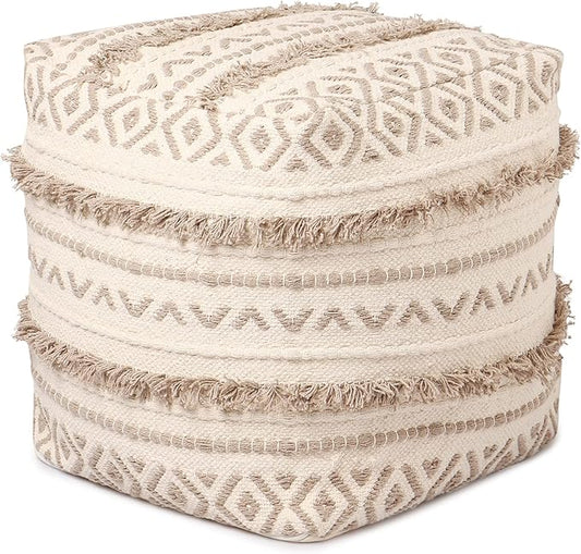 REDEARTH · Tufted Pouf Ottoman with Filler Textured Storage Cube Bean Bag Pouffe Footrest for Living Room, Bedroom, Nursery, Kidsroom; 100% Cotton (17.5"X17.5"X17.5", Geometric Craft Taupe)-Ruum Studio Home