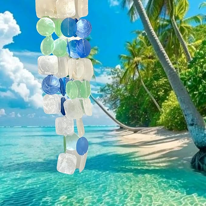 Bellaa 22906 Wind Chimes Outdoor, Garden Decorations, Musical, Indoor/Outside Windchimes, Beach, Ocean Breeze, Gifts for Mom, Gift for All Occasions, Capiz Sea Glass Shells Wood White Blue Green-Ruum Studio Home