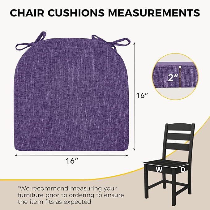 downluxe Indoor Chair Cushions for Dining Chairs, Soft and Comfortable Textured Foam Kitchen Chair Pads with Ties and Non-Slip Backing, 16" x 16" x 2", Purple, 4 Pack-Ruum Studio Home