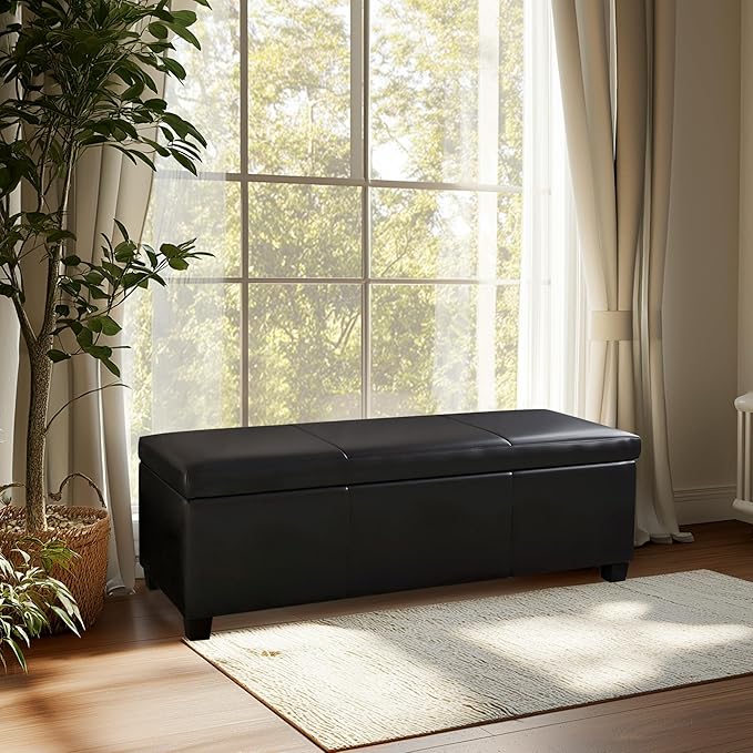 BELLEZE 47 Inch Storage Ottoman, Faux Leather Storage Bench Bedroom Bench with Safety Close Hinge, Ottoman with Storage for Living Room, Entryway, Hallway, Foot Rest, Support 300lbs - Black-Ruum Studio Home