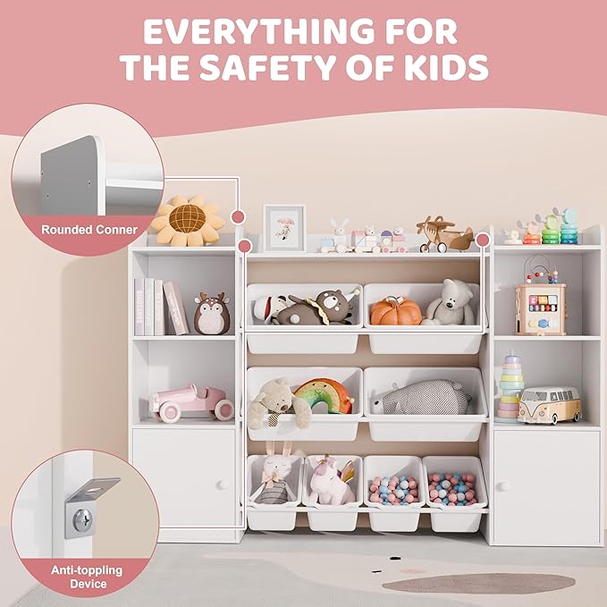 Xilingol Kids Toy Storage Organizer W/8 Removable Toy Bins, 4-Tier Toy Organizers W/6 Storage Cubbies, Kid Bookshelf and Toy Storage for Playroom, Bedroom, Kids Room, Classroom-Ruum Studio Home