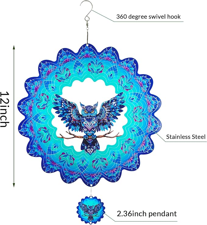 Owl Gifts for Women Men, Owl Hanging Wind Spinners Outdoor, 12Inch 3D Stainless Steel Reflective Wind Spinners Garden Decor-Ruum Studio Home