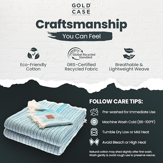 Gold Case Throw Blanket for Couch – 100% Recycled Turkish Cotton Blankets – Elegant Decorative Throw Blankets for Living Room Sofa – Woven Throws for Couch – Vintage Turquoise– 50x60 (Set of 2)-Ruum Studio Home