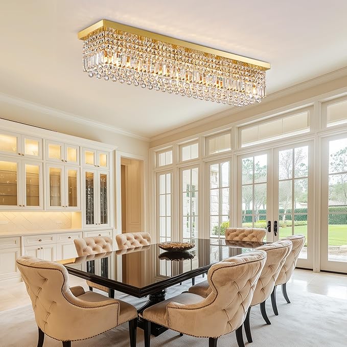 10 Lights Gold Flush Mount Rectangle Chandelier, Modern K9 Crystal Chandeliers Light Fixture Rectangular Raindrop Chandelier Pendant Island Light for Living Dining Room Kitchen Bar L47 Inch-Ruum Studio Home