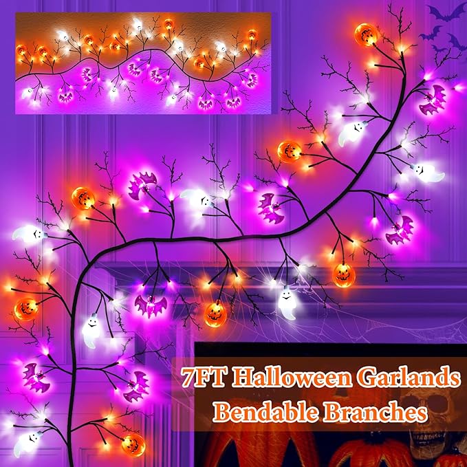 7 Ft 63 LED Halloween Willow Vine Twig Garland with 8 Modes Timer Orange Purple White Lights,7 Pumpkin Bat Ghost, Garland with Battery Operated for Wall Fireplace Halloween Decorations-Ruum Studio Home