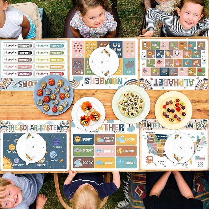 Educational Preschool Kids Placemats Set of 6 Boho Plastic Table Mats Toddler Children Montessori Place Mats for Kids Washable Holiday Desk Decoration for Indoor Outdoor Party Kitchen Dining Table-Ruum Studio Home