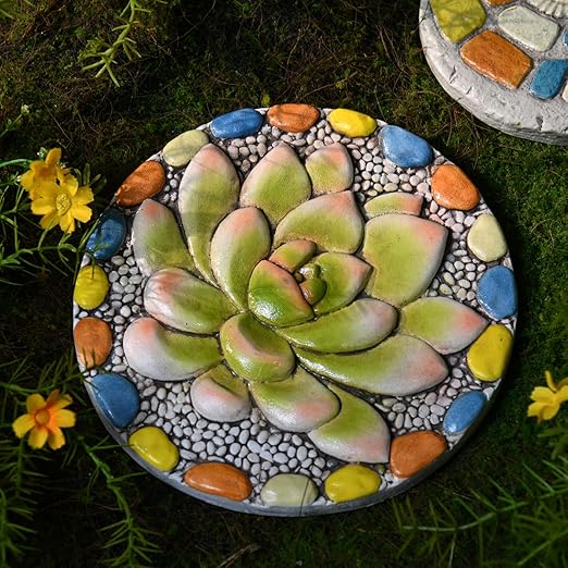 Succulent Pattern Cement Stepping Stones - Outdoor Pavers for Walkway, Multicolored Decorative Stone for Garden, 0.75 x 10 x 10 Inch-Ruum Studio Home