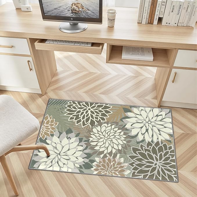 Area Rug 2x3 Brown White Washable Entry Small Rug Multicolored Tropical Botanical Modern Floral Indoor Kitchen Door Mat Entrance Carpet Non Slip for Bedroom Living Room, Porch-Ruum Studio Home