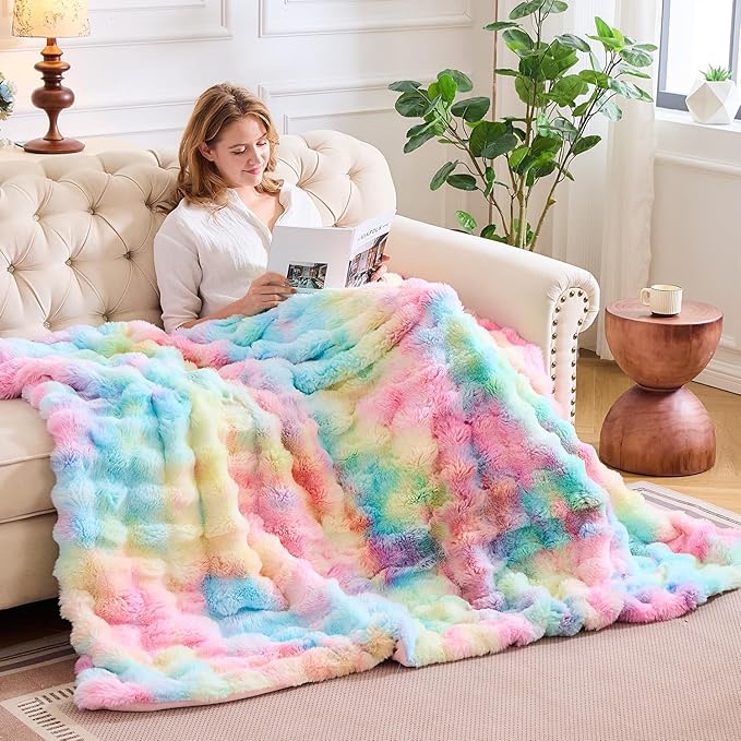 Lotus Karen Faux Fur Throw Blanket Rainbow - Big Bubble Rabbit Fluff Blanket for Couch, Small Fluffy Fuzzy Cozy Blanket, Thick Furry Plush Shaggy Blankets, 50x60 Inches-Ruum Studio Home