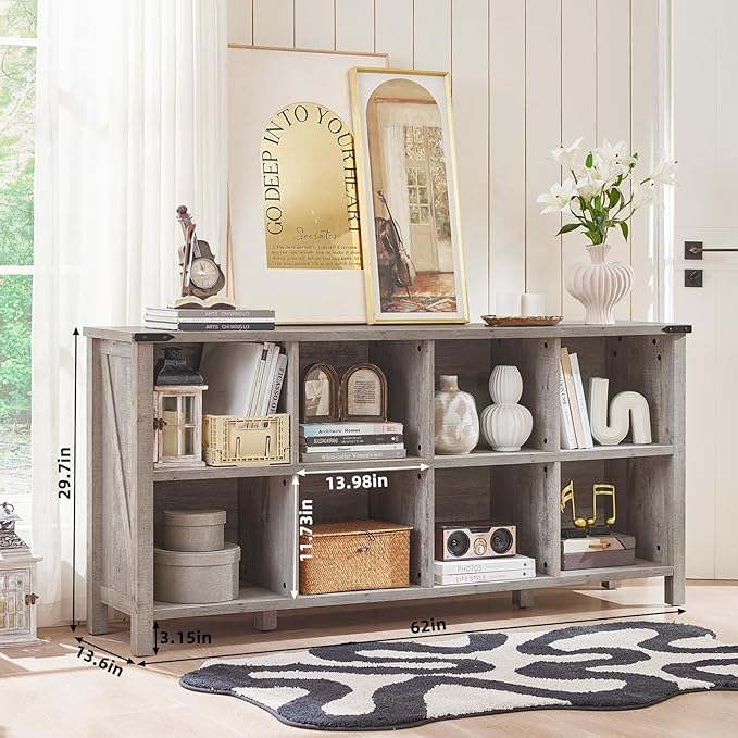 8 Cube Book Shelf, Farmhouse Wood Long Storage Organizer Bookcase, 62" Horizontal Grey Oak Console Closet Bookshelf, Hallway TV Stand for Entryway, Display Cabinet Book Case for Living Room-Ruum Studio Home