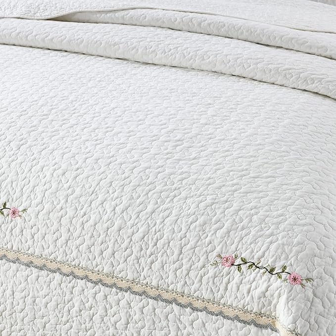 MarCielo 3-Piece 100% Cotton Oversized Bedspread Lightweight Quilt Coverlet Embroidery Farmhouse Bedding Set (Sakura White, Oversized King (118"x106"))-Ruum Studio Home
