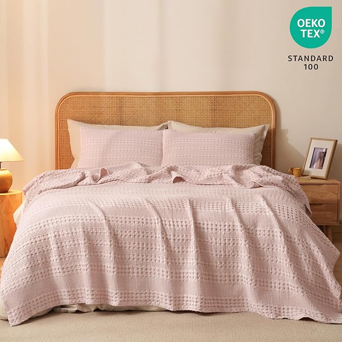 PHF 100% Cotton Waffle Weave Blanket King Size, Soft Lightweight Breathable Cozy Summer Blankets for Bed, Luxury Aesthetic Woven Bedding for Home Decor, 108"x90", Pink/Mauve-Ruum Studio Home