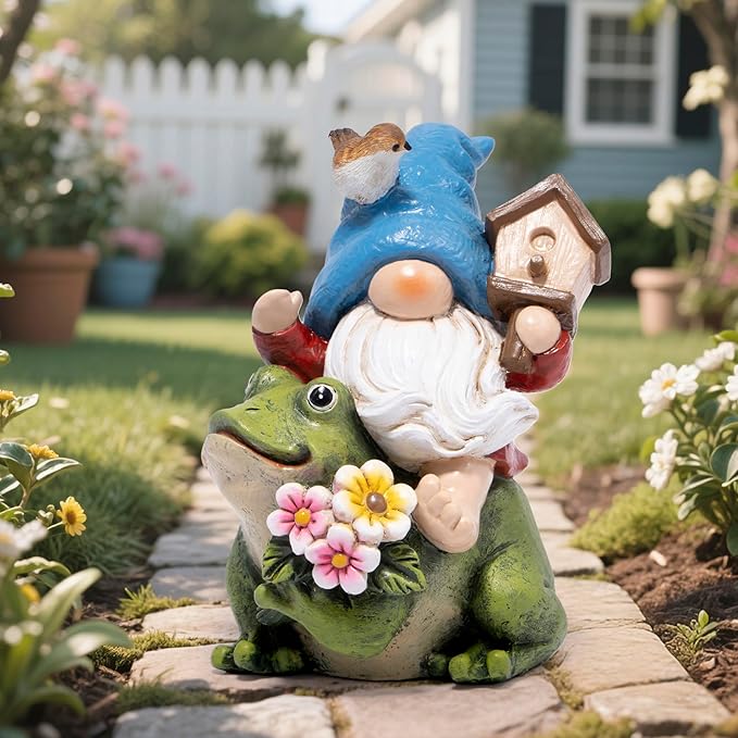 Hodao Spring Garden Gnome Decoration Flower Animal Ornaments Decor Gifts Spring Gnomes for Garden Decorations Summer Elf Figurine Gifts for Mom Outdoor Decor (Blue)-Ruum Studio Home