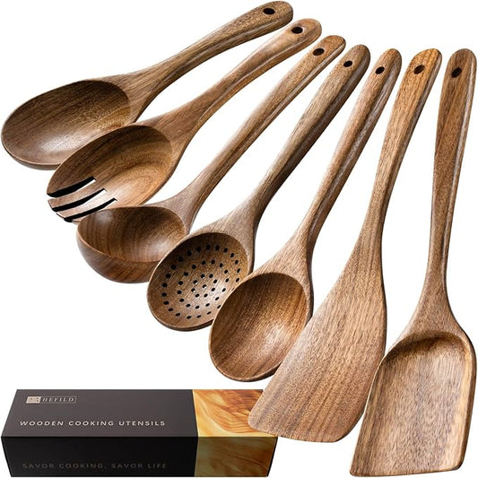 Wooden Spoons for Cooking, Nonstick Cooking Utensil Set with 7 Piece Acacia Wooden Spatulas and Spoons for Cooking, Terrific for Everyday Kitchen Tasks-Ruum Studio Home