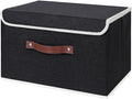ANMINY Storage Bin with Lid Storage Boxes with PU Leather Handles PP Plastic Board Decorative Foldable Lidded Cotton Linen Fabric Home Cubes Baskets Closet Organizer Container - Black, Large Size-Ruum Studio Home