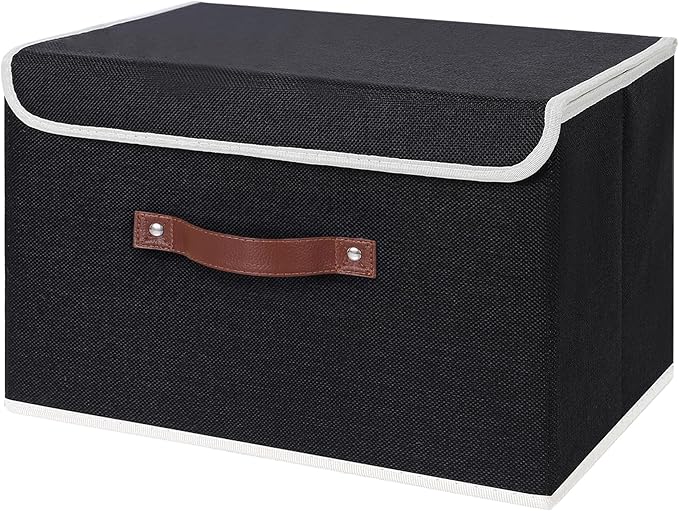 ANMINY Storage Bin with Lid Storage Boxes with PU Leather Handles PP Plastic Board Decorative Foldable Lidded Cotton Linen Fabric Home Cubes Baskets Closet Organizer Container - Black, Large Size-Ruum Studio Home