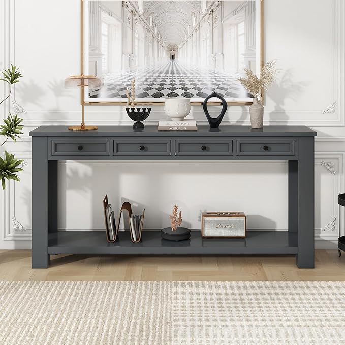 Solid Wood Console Table 63 in Long Sofa Table Entryway Table with 4 Drawers and Bottom Shelf for Hallway Living Room Couch Table,Fully Assembled,63" Tan-Ruum Studio Home
