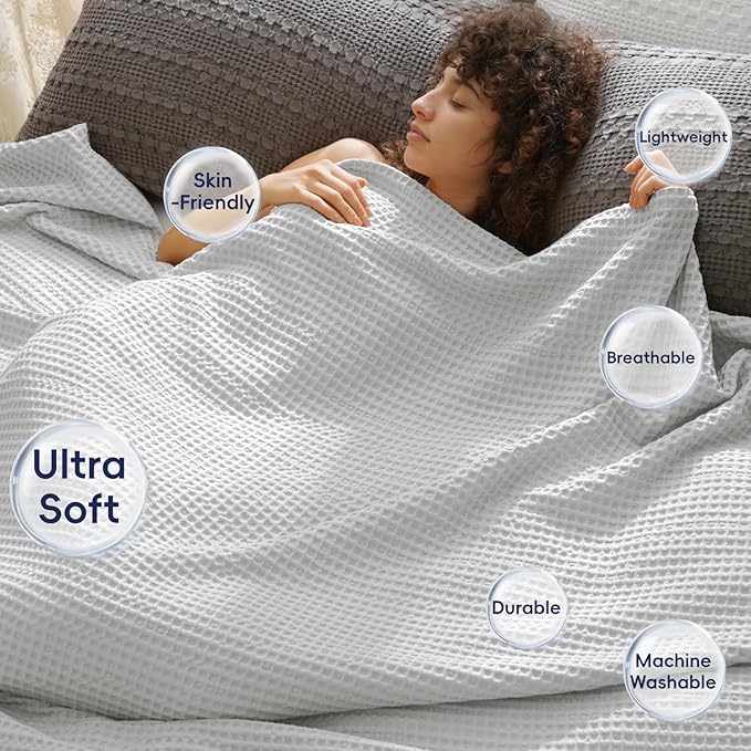PHF Ultra Soft Waffle Weave Blanket Twin Size 66"x 90"- Washed Lightweight Breathable Cozy Woven Blanket for Bed - Aesthetic Decor for Couch Bedding Sofa Home Car - Light Grey-Ruum Studio Home
