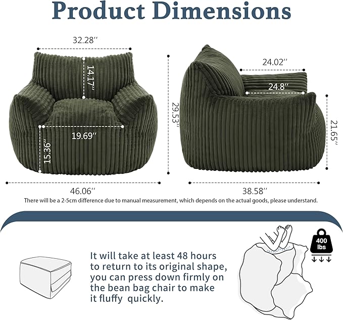 Giant Plush Bean Bag Chair for Adults with Armrests - Oversized Comfy Green Beanbag Lounge Lazy Floor Sofa Accent Chair for Living Room, Bedroom & Dorm, Cozy Fluffy Single Cloud Mini Couch-Ruum Studio Home