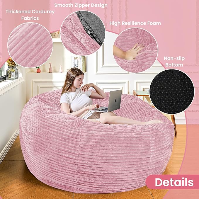 Large Bean Bag Chair, 6FT Giant Beanbag Chairs with Memory Foam Filled, Bean Bag Chairs for Adults, Ultra Soft Lazy Sofa for Living Room Bedroom (Pink)-Ruum Studio Home
