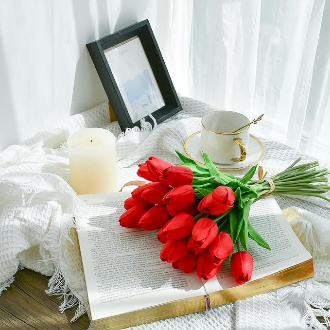 Mandy's Artificial Tulips 20 Stems Red PU Faux Flowers for Wedding Home Decor 13.5 Inch-Ruum Studio Home