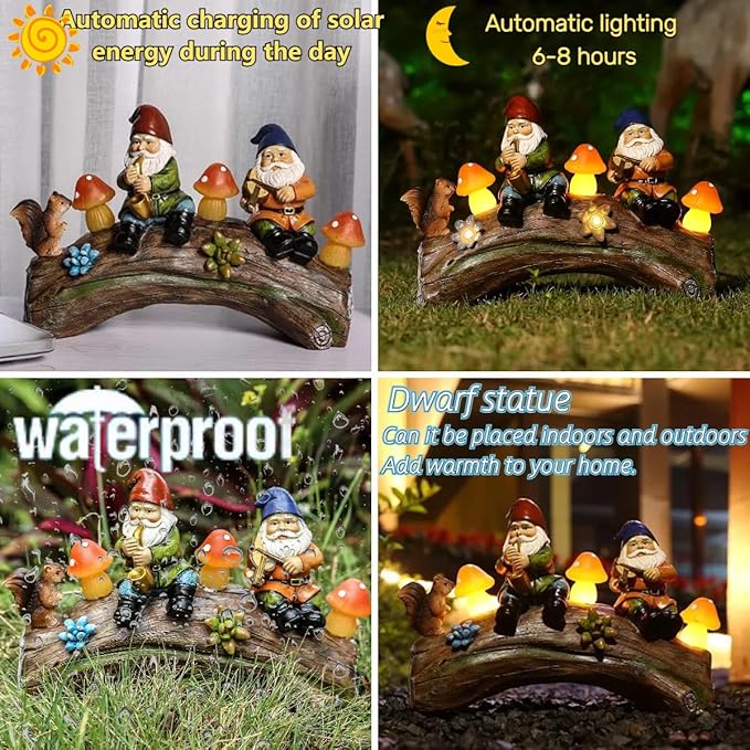 Funny Garden Gnome Statue Solar Powered Mushroom Figurine with Squirrel Gnome Durable Resin Outdoor Decoration for Patio Yard Lawn Ornament Housewarming Gift-Ruum Studio Home