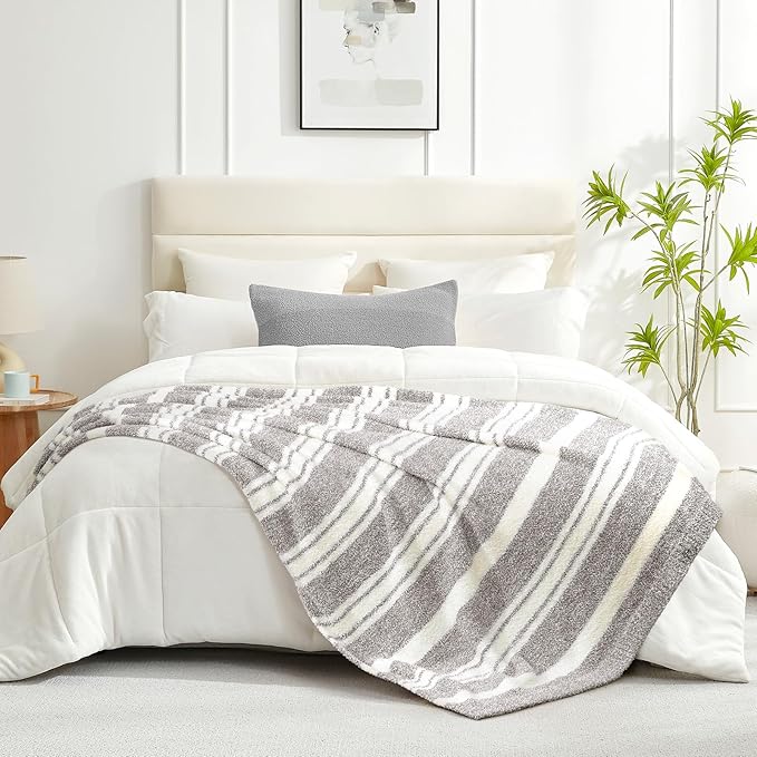 Snuggle Sac Twin Size Bedding Blankets Luxurious Microfiber, Reversible Super Soft Warm Cozy Blankets Fuzzy Plush Blanket for Bed,Couch,Sofa,Living Room, Grey Stripe,60x80 inches-Ruum Studio Home