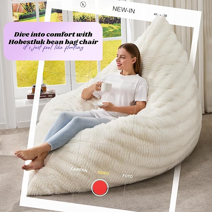 Hobestluk 3 in 1 Bean Bag Chair Giant Bean Bag Chairs for Adults with Ripple Cover Convertible Bean Bag Floor Cushion with Machine Washable Cover for Living Room (Ripple White)-Ruum Studio Home