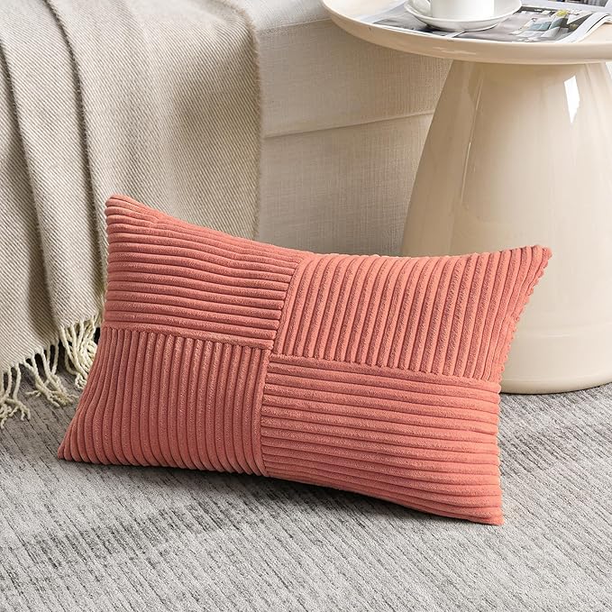 Fancy Homi 2 Packs Coral Long Lumbar Decorative Throw Pillow Covers 16x24 Inch for Couch Bed Sofa, Rustic Farmhouse Boho Home Decor, Soft Striped Corduroy Rectangle Accent Peach Cushion Case 40x60 cm-Ruum Studio Home