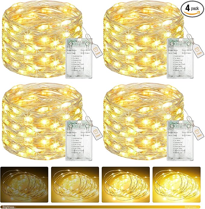 btfarm 4 Pack Fairy Lights Battery Operated with Timer, 16.4 FT 50 LED Twinkle String Lights 8 Modes Dimmable Waterproof Silver Wire for Indoor Bedroom Christmas Party Wedding Decorations, Warm White-Ruum Studio Home