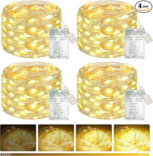 btfarm 4 Pack Fairy Lights Battery Operated with Timer, 16.4 FT 50 LED Twinkle String Lights 8 Modes Dimmable Waterproof Silver Wire for Indoor Bedroom Christmas Party Wedding Decorations, Warm White-Ruum Studio Home