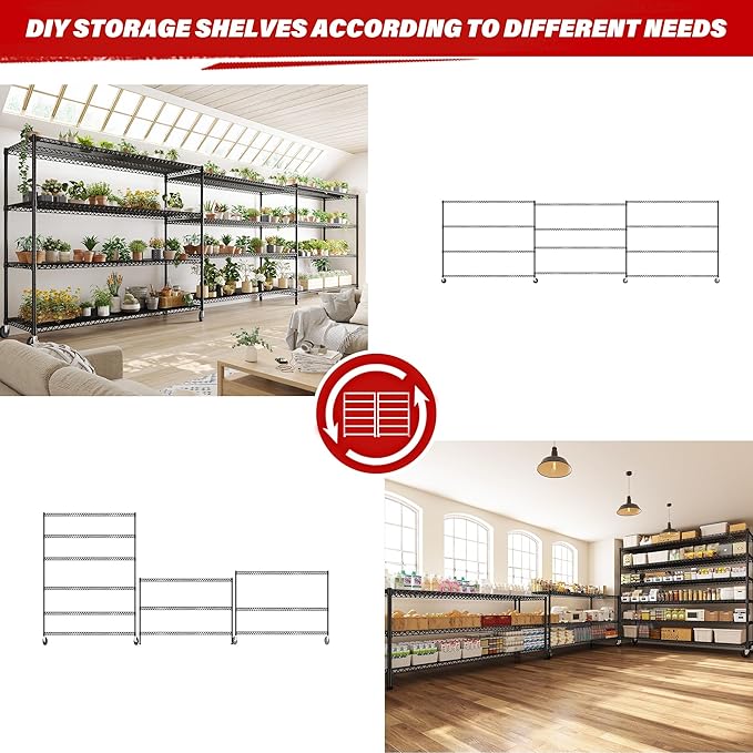 REIBII 60''W X 82.6" H Steel Heavy Duty Wire Shelving Unit with Wheels, 6-Tier Adjustable Storage Shelves 3598LBS Commercial Metal Shelves for Pantry, Garage, College Dorm Industrial Shelving, 2 Pack-Ruum Studio Home
