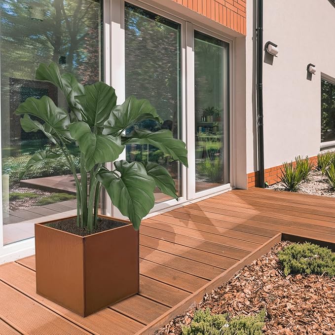 Corten Steel Planter Box Large Outdoor Planter Square Cube Planters Rustic Metal Garden Flower Pot 24 Inch Durable Antique Detached for Commercial Residential Patio Deck and Yard-Ruum Studio Home