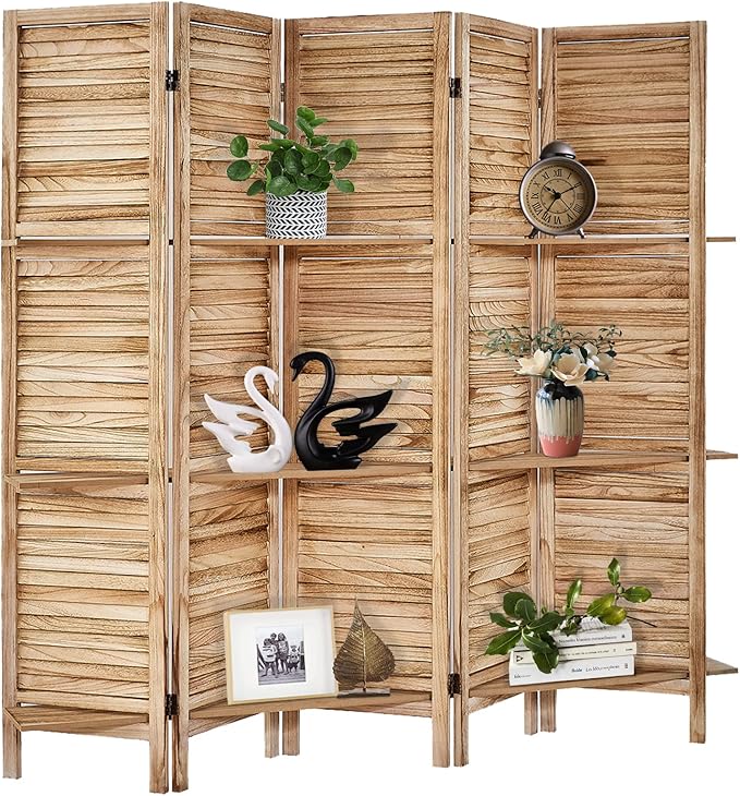Room Divider with Shelves, Privacy Screen, Room Dividers and Folding Privacy Screens, 5 Panel Wood Temporary Wall Partition Separation Separator, Natural-Ruum Studio Home