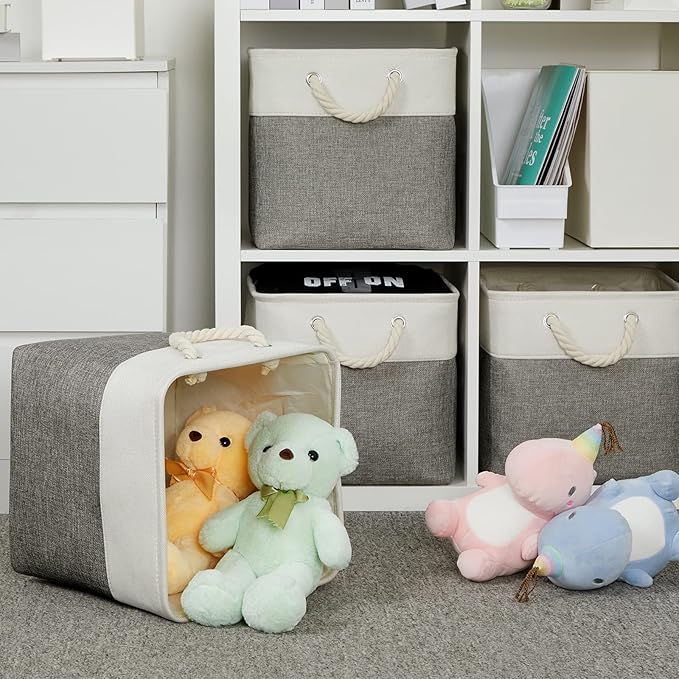 DULLEMELO Cube Storage Bins Set of 4 Fabric Storage Cubes Organizer Bin with Handles, Collapsible 12 Inch Cube Storage Baskets for Organizing, Closet, Shelf, Nursery (White&Grey)-Ruum Studio Home